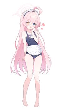 1girl absurdres ahoge alternate_costume bare_arms bare_legs bare_shoulders barefoot black_one-piece_swimsuit blue_archive blue_eyes blush enmaided fang full_body halo heart heterochromia highres hoshino_(blue_archive) long_hair looking_at_viewer maid maid_headdress name_tag nonddu one-piece_swimsuit open_mouth pink_hair pink_halo school_swimsuit simple_background smile solo swimsuit toes unconventional_maid white_background yellow_eyes rating:Sensitive score:31 user:danbooru