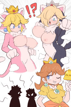  !? 3girls absurdres angry animal_costume animal_ears blonde_hair blue_eyes breasts breasts_out brooch brown_hair cat_costume cat_ears cat_peach cat_rosalina commentary_request crown dress earrings grin hair_over_one_eye highres jewelry kurachi_mizuki large_breasts mario_(series) medium_breasts multiple_girls nintendo nipples one_eye_closed prank princess_daisy princess_peach rosalina smile super_bell super_mario_3d_world surprised wardrobe_malfunction yellow_dress 