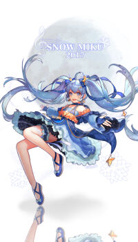  1girl 2017 absurdly_long_hair auriga_(constellation) blue_eyes blue_gloves blue_hair character_name constellation constellation_print earrings fingerless_gloves gloves hair_ribbon hatsune_miku highres jewelry long_hair official_alternate_costume official_alternate_hairstyle one_eye_closed open_mouth ribbon scarf sky smile snowflakes solo soyoong_jun star_(symbol) twintails underwear upskirt very_long_hair vocaloid yuki_miku yuki_miku_(2017) 