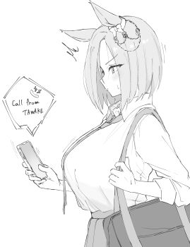  1girl ^^^ absurdres air_groove_(umamusume) alternate_breast_size_(larger) alternate_costume animal_ears bag breasts cellphone commentary_request ear_chain ear_ornament english_text from_side greyscale highres holding holding_phone horse_ears horse_girl huge_breasts linked_piercing looking_at_phone monochrome phone piercing school_bag school_uniform short_hair smartphone solo takapachi.jp umamusume 