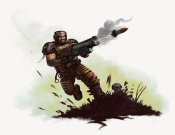  1boy armor bare_arms battle beard_stubble belt belt_pouch body_armor bone boots buckle clenched_teeth debris dirt facial_hair firing gloves grenade_launcher grimace gun helmet highres holding holding_gun holding_weapon john_mueller male_focus muscular muscular_arms muscular_male pouch quake_(series) quake_1 quake_3_arena ranger_(quake) running shoulder_armor signature skull smoke smoking_barrel solo standing stubble teeth thigh_armor utility_belt veins veiny_arms weapon white_background 