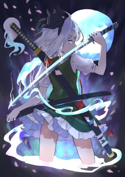  1girl ahase_hino black_hairband black_ribbon blue_eyes commentary_request cropped_legs flower frilled_skirt frills from_behind green_skirt green_vest hair_ribbon hairband hand_on_sheath highres hitodama holding holding_behind_back holding_sword holding_sword_behind_back holding_weapon holding_weapon_behind_back katana konpaku_youmu konpaku_youmu_(ghost) looking_at_viewer looking_back medium_hair moon multiple_swords petals red_flower red_rose ribbon rose scabbard sheath shirt short_sleeves sideways_glance skirt smoking_weapon solo sword sword_on_back touhou vest wakizashi weapon weapon_on_back weapon_strap white_hair white_shirt 