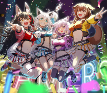  4girls absurdres ahoge animal_ear_fluff animal_ears aqua_eyes aqua_nails arm_up blue_jacket blush braid brown_eyes brown_hair cat_ears cat_girl closed_eyes commentary_request dog_ears dog_girl fingernails fox_ears fox_girl fox_tail full_body gotointhepark highres holding_hands hololive hololive_gamers hololive_gamers_fes_outfit inugami_korone jacket long_sleeves midriff multiple_girls nail_polish navel nekomata_okayu official_alternate_costume one_eye_closed ookami_mio open_mouth ponytail purple_eyes purple_hair purple_jacket red_hair sailor_collar shirakami_fubuki skirt smile stomach tail twin_braids v virtual_youtuber white_hair white_sailor_collar white_skirt wolf_ears wolf_girl yellow_jacket 