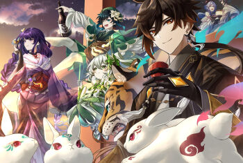  3boys 3girls absurdres alternate_costume blue_hair blunt_bangs brown_hair chinese_clothes closed_mouth commentary cup dress floating from_side ganyu_(genshin_impact) genshin_impact gradient_hair green_dress green_eyes green_hair hair_ornament hat highres holding holding_cup japanese_clothes kimono light_particles light_smile long_hair long_sleeves mole mole_under_eye multicolored_hair multiple_boys multiple_girls nahida_(genshin_impact) neck_ribbon open_mouth orange_eyes outdoors purple_eyes purple_hair purple_kimono rabbit raiden_shogun ranta_rion red_ribbon red_sash ribbon sash short_hair sitting sky standing sunset swing tiger upper_body venti_(genshin_impact) wide_sleeves xiao_(genshin_impact) zhongli_(genshin_impact) 