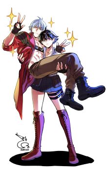  1boy 1girl absurdres baehee5502 black_gloves black_hair blue_eyes boots carrying coat dante_(devil_may_cry) dated devil_may_cry devil_may_cry_(series) devil_may_cry_3 fingerless_gloves gloves green_eyes heterochromia highres lady_(devil_may_cry) no_shirt princess_carry red_coat red_eyes scar scar_on_face scar_on_nose short_hair signature simple_background sparkle thigh_strap white_background white_hair 