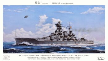  absurdres aircraft airplane battlecruiser biplane blue_sky cannon casemate cloud commentary_request crane_(machine) day flag floatplane haruna_(battleship) highres imperial_japanese_navy military_vehicle ocean original outdoors seaplane ship ship_turret sky smokestack sunburst vehicle_focus vortex_(xu_xuanwo) wake_(wave) warship watercraft world_war_ii 