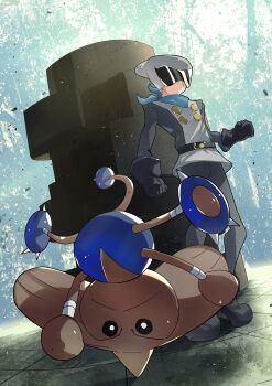  1boy :< absurdres belt black_belt black_gloves cipher_peon closed_mouth gen_2_pokemon gloves grey_helmet grey_pants grey_shirt headstand helmet highres hitmontop male_focus nintendo outdoors pants pokemon pokemon_(creature) pokemon_colosseum shirt skrub_(pokemon) smile standing zeroartwo 