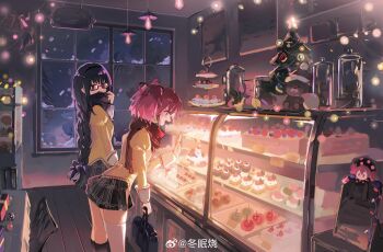  2girls :d absurdres adjusting_scarf against_glass akemi_homura bag bakery black_hair black_hairband black_scarf black_skirt black_socks blush bow braid cake charlotte_(madoka_magica) christmas christmas_lights display food food_awe hair_bow hair_ribbon hairband hand_on_glass highres holding holding_bag indoors jar juliet_sleeves kaname_madoka leaning_forward long_hair long_sidelocks long_sleeves looking_at_another mahou_shoujo_madoka_magica mini_christmas_tree miniskirt mitakihara_school_uniform multiple_girls open_mouth pastry pink_eyes pink_hair plaid_clothes plaid_skirt pleated_skirt profile puffy_sleeves purple_bow purple_eyes red-framed_eyewear red_ribbon red_scarf ribbon scarf school_bag school_uniform shop short_hair short_twintails sidelocks skirt sliencio smile snowing socks standing stuffed_animal stuffed_toy sweater teddy_bear thighhighs turning_head twin_braids twintails very_long_hair watermark weibo_watermark white_thighhighs winter wooden_floor yellow_sweater 