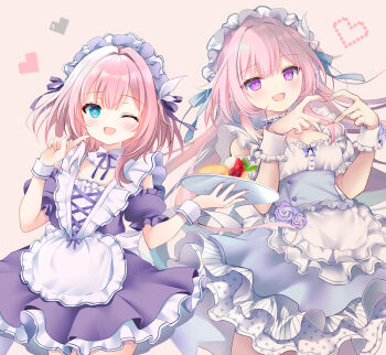  2girls ;o alternate_costume apron blue_dress blue_eyes breasts commentary_request cyrene_(demiurge)_(honkai:_star_rail) cyrene_(honkai:_star_rail) cyrene_(philia093)_(honkai:_star_rail) diamond-shaped_pupils diamond_(shape) dress dual_persona food four-finger_heart_hands heart heart_hands holding holding_food honkai:_star_rail honkai_(series) large_breasts long_hair looking_at_viewer maid maid_apron maid_headdress multicolored_hair multiple_girls one_eye_closed pink_hair purple_dress purple_eyes shirogane_hina short_hair simple_background small_breasts smile symbol-shaped_pupils tray two-tone_hair very_long_hair white_apron white_background white_hair wrist_cuffs 