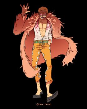  1boy absurdres black_background cape commentary donquixote_doflamingo drw_hrvnj earrings feather_cape full_body hand_in_pocket highres jewelry leg_hair looking_at_viewer male_focus one_piece orange_pants pants pink_cape short_hair simple_background smile solo sunglasses tongue tongue_out twitter_username 