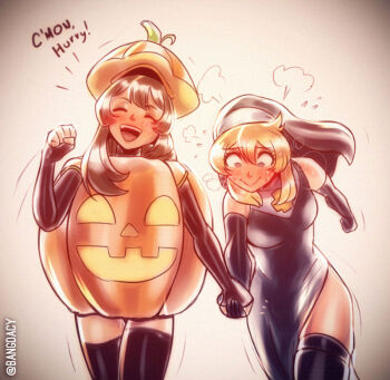  2girls artist_name bang_dacy blonde_hair blush breasts bridget_(guilty_gear) brown_hair bulge closed_eyes elbow_gloves english_text erection erection_under_clothes fingerless_gloves futa_with_female futanari genderswap genderswap_(mtf) gloves guilty_gear guilty_gear_strive halloween_costume holding_hands long_hair may_(guilty_gear) multiple_girls nun open_mouth pumpkin_costume simple_background smile sweat thighhighs 