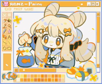  1girl animal_ears animated animated_gif artist_name bandaged_ear blonde_hair bow chibi commission fish fish_hair_ornament flower food hair_bow hair_ornament happy highres holding japanese_clothes kimono long_hair long_sidelocks long_sleeves mihuashi_commission mole mole_under_eye multicolored_eyes onigiri open_mouth orange_bow original renzhi00334233 sidelocks solo sushi two-tone_eyes upper_body v 