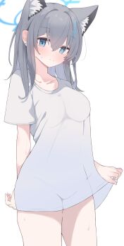  1girl absurdres animal_ear_fluff animal_ears blue_archive blue_eyes blue_halo blush breasts bright_pupils closed_mouth collarbone commentary_request cowboy_shot cross_hair_ornament earrings extra_ears grey_hair hair_ornament halo highres jewelry looking_at_viewer medium_breasts mismatched_pupils naked_shirt nui_(nuinui0300) shiroko_(blue_archive) shirt short_sleeves simple_background smile solo stud_earrings white_background white_pupils white_shirt wolf_ears wolf_girl 