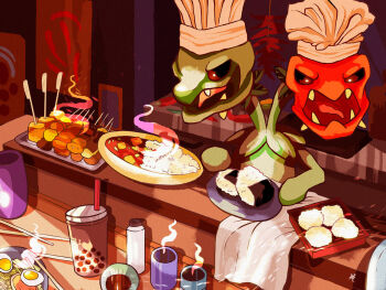  bowl bubble_tea chef_hat clothed_pokemon commentary counter cup curry curry_rice disposable_cup drinking_straw egg_(food) english_commentary fangs food food_request hat metanagon mug multiple_heads nintendo no_humans onigiri open_mouth plate pokemon pokemon_(creature) pokemon_focus rice scovillain solo steam thermos tongue tray white_hat 