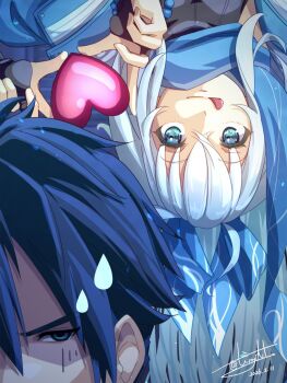  1boy 1girl beads blue_eyes blue_hair blue_necktie bridal_gauntlets commentary_request commission crossed_bangs dated double-parted_bangs eiyuu_densetsu four-finger_heart_hands hair_between_eyes heart heart_hands highres kuro_no_kiseki kuro_no_kiseki_(series) kuro_no_kiseki_ii long_hair loose_necktie necktie prayer_beads shizuna_rem_misurugi short_hair signature smile sweatdrop tinybiard tongue tongue_out twitter_username upside-down valentine van_arkride white_hair 