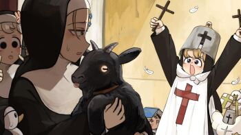  4girls :o baby_animal bible_(object) bird black_eyes blonde_hair blue_eyes brown_hair bunny_nun_(diva) chicken clumsy_nun_(diva) commentary cross diva_(hyxpk) duck duckling english_commentary eyelashes feathers froggy_nun_(diva) goat grey_hair hair_ornament helmet highres holding holding_cross little_nuns_(diva) multiple_girls nun rabbit_hair_ornament shield strict_nun_(diva) sweatdrop tongue tongue_out traditional_nun 
