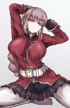  1girl absurdres belt black_skirt braid breasts commentary fate/grand_order fate_(series) florence_nightingale_(fate) highres jacket large_breasts long_hair looking_at_viewer military_jacket miniskirt pink_hair red_eyes red_jacket simple_background single_braid skirt solo tettsui_kusuru white_belt 