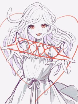  1girl :3 :d absurdres bare_shoulders blush cat's_cradle collarbone colored_skin commentary cowboy_shot dress eyelashes heart highres koimonogatari long_hair looking_at_viewer monogatari_(series) open_mouth reaching reaching_towards_viewer red_eyes sengoku_nadeko smile snake_hair solo spaghetti_strap spread_fingers standing string string_of_fate sundress symbol-only_commentary uda_yuda_ru white_background white_dress white_hair white_skin wind wind_lift 