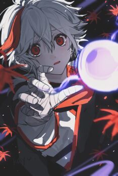  1boy absurdres bandaged_arm bandaged_hand bandages black_background chinese_commentary colored_smoke commentary_request falling_leaves floating floating_object genshin_impact hair_between_eyes highres japanese_clothes kaedehara_kazuha kayu_(yukagoin) leaf light_particles looking_at_viewer low_ponytail male_focus maple_leaf multicolored_hair open_mouth outstretched_hand parted_lips ponytail red_eyes red_hair side_ponytail simple_background smoke solo streaked_hair tears upper_body white_hair 