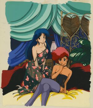  1980s_(style) 2girls black_choker breasts brown_eyes bustier choker cleavage crossed_legs curtains dark-skinned_female dark_skin dirty_pair dress garter_straps highres kei_(dirty_pair) lingerie looking_at_viewer medium_breasts mughi multiple_girls non-web_source official_art oldschool retro_artstyle see-through_clothes short_hair sitting strap_slip thighhighs underwear yuri_(dirty_pair) 