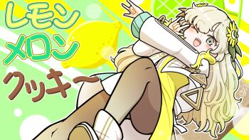  1girl ;d \m/ black_pantyhose boots commentary_request double_\m/ dress flower food fruit green_background grey_eyes grey_hair hair_flower hair_ornament highres isekaijoucho kamitsubaki_studio lemon lemon_melon_cookie_(vocaloid) long_hair long_sleeves looking_at_viewer one_eye_closed open_mouth pantyhose shrug_(clothing) smile solo t_masoppu virtual_youtuber white_boots white_shrug yellow_dress yellow_flower 