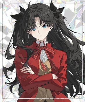  1girl arms_under_breasts black_bow black_hair blue_eyes bow brown_vest crossed_arms curtained_hair fate/stay_night fate_(series) hair_bow homurabara_academy_school_uniform jacket long_hair looking_at_viewer neck_ribbon parted_bangs red_jacket ribbon school_uniform shirt solo tohsaka_rin two_side_up vest white_shirt yaoshi_jun 