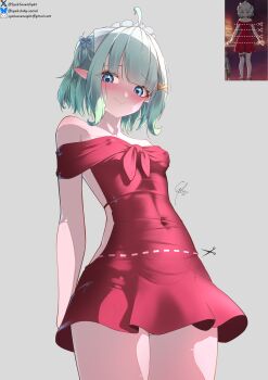  1girl absurdres ahoge alternate_costume arms_behind_back backless_dress backless_outfit bare_shoulders blue_eyes bluesky_username blush breasts closed_mouth cocktail_dress commentary covered_erect_nipples covered_navel cowboy_shot cut-here_line densetsu.exe dress ear_blush email_address english_commentary gradient_hair green_hair grey_background hair_ornament hairclip highres looking_at_viewer looking_down maid_headdress mint_fantome multicolored_hair off-shoulder_dress off_shoulder pointy_ears red_dress short_dress short_hair shoulder_blush sideless_dress small_breasts solo syxh thick_thighs thighs triangular_headpiece twitter_cutting_game twitter_username two_side_up virtual_youtuber wavy_hair wavy_mouth x_hair_ornament 