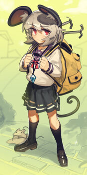  1girl alternate_costume animal_ear_fluff animal_ears backpack bag black_socks boa_(brianoa) brown_shoes closed_mouth commentary_request dowsing_rod full_body grey_hair highres jewelry kneehighs loafers long_sleeves medium_hair mouse_ears mouse_girl mouse_tail nazrin necklace pendant purple_sailor_collar red_eyes sailor_collar sailor_shirt school_uniform shirt shoes socks solo tail touhou white_shirt yellow_bag 