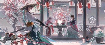  3girls absurdres architecture black_cat black_gloves bug butterfly butterfly_hair_ornament butterfly_on_hand calico_(pattern) calico_cat cat chinese_new_year coat commentary cone_hair_bun copyright_name copyright_notice cup dao double_bun drinking_glass east_asian_architecture english_commentary face_chain flower gloves green_hairband green_robe green_skirt grey_hair hair_bun hair_ornament hairband hat headband highres holding holding_cup holding_sheath holding_sword holding_weapon insect lantern lattice liang_yue_(reverse:1999) liang_yue_(the_moon's_reflection)_(reverse:1999) logo long_braid mini_snowman multiple_girls official_alternate_costume official_art on_stool paper_lantern parted_lips pavilion pink_headband pink_shawl pink_shirt plant plum_blossoms potted_plant purple_hanfu red_eyes red_flower reverse:1999 rice_hat robe round_window rubuska shawl sheath shirt sitting skirt snow snowing stool sword table teapot tooth_fairy_(reverse:1999) tree unsheathed weapon white_coat window yellow_eyes 
