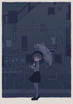  1girl alley beret black_hat black_shoes black_skirt border brown_eyes brown_hair building closed_mouth collared_shirt commentary_request concrete door grey_shirt hand_up hat hatoba_tsugu highres holding holding_umbrella industrial_pipe long_sleeves looking_at_viewer mary_janes mole mole_under_eye naname_(fossama1) outdoors outside_border pantyhose railing shirt shoes short_hair skirt smile solo standing suspender_skirt suspenders transparent transparent_umbrella tsugu_(vtuber) umbrella virtual_youtuber white_border white_pantyhose wide_shot 