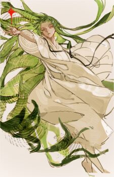  1other absurdres androgynous chinese_commentary commentary_request enkidu_(fate) fate/grand_order fate_(series) full_body green_eyes green_hair highres long_hair open_mouth other_focus robe simple_background solo white_background white_robe yanbahetangguo 