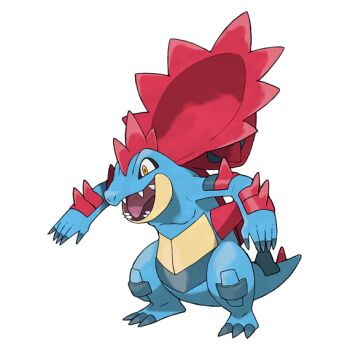 alligator artist_request blue_claws blue_skin colored_skin commentary crocodilian english_commentary fangs feraligatr gen_2_pokemon hood mega_feraligatr mega_pokemon nintendo no_humans official_art open_mouth pokemon pokemon_(creature) pokemon_focus pokemon_legends:_z-a sharp_teeth skin_fangs smile spikes spines teeth third-party_source transparent_background yellow_eyes