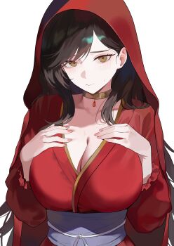  1girl absurdres arms_up blush breasts brown_eyes brown_hair choker cloak collarbone commentary_request fingernails frilled_sleeves frills hair_over_shoulder hands_on_own_chest highres hood hood_up hooded_cloak huge_breasts long_fingernails long_sleeves looking_at_viewer nail_polish nbee_ya original pink_nails red_cloak red_robe robe simple_background solo sweatdrop wavy_mouth white_background yellow_choker 