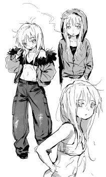  1girl absurdres bare_shoulders blush bra chun_baii cigarette flat_chest greyscale highres hood hood_up long_hair looking_at_viewer monochrome multiple_persona multiple_views navel original pants sketch sports_bra sweat underwear 