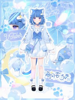  1girl :3 ahoge amashiro_natsuki animal_ears arms_at_sides bag bandaid bandaid_on_knee bandaid_on_leg black_shoes blue_bag blue_bow blue_bowtie blue_choker blue_dress blue_hair blue_tail bow bow_legwear bowtie cat_ears cat_girl cat_tail character_logo choker closed_mouth cloud_hair_ornament copyright_logo crescent crescent_hair_ornament crescent_print cross-laced_clothes cross-laced_sleeves crossed_bandaids dress frilled_dress frills full_body hair_ornament hair_ribbon highres indie_virtual_youtuber jellyfish jellyfish_hair_ornament kurageu_roa layered_sleeves light_blush logo looking_at_viewer loose_socks mary_janes multicolored_hair official_art outline paw_print pleated_dress purple_eyes ribbon ribbon_choker satchel second-party_source shoes short_dress short_hair smile socks solo standing straight-on streaked_hair tail two-tone_hair virtual_youtuber white_outline white_socks white_streaks x_hair_ornament 