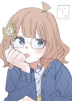  1girl absurdres ahoge blue_cardigan blue_eyes blush bow brown_hair buttons cardigan commentary_request glasses hair_bow head_rest highres idolmaster idolmaster_million_live! long_sleeves looking_at_viewer medium_hair meeeeeeco359 shirt sidelocks solo suou_momoko tongue upper_body wavy_hair white_background white_shirt 