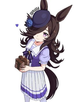  1girl animal_ears black_hair black_hat black_tail blue_flower blue_rose bow bowtie box closed_mouth commentary english_commentary flipped_hair flower formicid gift gift_box hair_over_one_eye hat hat_flower highres holding holding_gift horse_ears horse_girl horse_tail horseshoe_ornament looking_at_viewer pleated_skirt purple_bow purple_bowtie purple_shirt rice_shower_(umamusume) rose sailor_collar sailor_shirt school_uniform shirt simple_background skirt smile solo tail tilted_headwear tracen_school_uniform umamusume white_background white_sailor_collar white_shirt white_skirt 