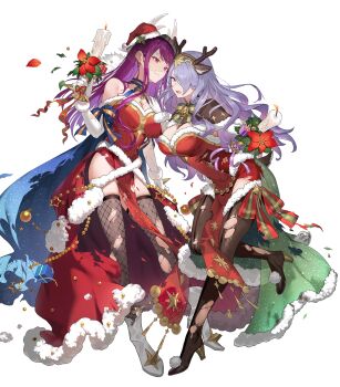  2girls animal_ears antlers attack breasts camilla_(fire_emblem) camilla_(flurry_embrace)_(fire_emblem) candle candlestand capelet cleavage commentary_request damaged deer_ears dress fake_animal_ears fake_antlers fire_emblem fire_emblem_engage fire_emblem_fates fire_emblem_heroes fishnet_thighhighs fishnets full_body fur-trimmed_capelet fur-trimmed_dress fur-trimmed_headwear fur_trim gloves hair_over_one_eye hat high_heels highres holding holding_candle holding_candlestand horns ivy_(fire_emblem) ivy_(flurry_embrace)_(fire_emblem) kakage long_hair looking_at_viewer mole mole_under_mouth multiple_girls nintendo non-web_source official_alternate_costume official_art open_mouth purple_eyes purple_hair red_dress red_hat reindeer_antlers santa_costume santa_dress santa_hat thighhighs torn_clothes v-shaped_eyebrows veil very_long_hair wavy_hair white_gloves 