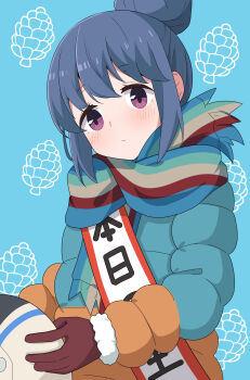  1girl absurdres birthday birthday_sash blue_background blue_hair blue_jacket blue_scarf brown_gloves brown_scarf closed_mouth commentary_request down_jacket fur-trimmed_sleeves fur_trim gloves green_scarf hair_bun helmet highres holding holding_unworn_helmet hosinonana huge_hair_bun jacket long_sleeves looking_at_viewer multicolored_jacket multicolored_scarf orange_jacket pinecone purple_eyes red_scarf scarf shima_rin single_hair_bun striped_clothes striped_scarf two-tone_jacket unworn_headwear unworn_helmet upper_body yurucamp 