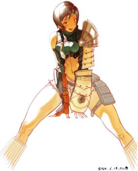  1girl a_tai abs armor artist_name between_legs breasts brown_eyes brown_hair chest_strap commentary crop_top dated feet_out_of_frame final_fantasy final_fantasy_vii final_fantasy_vii_remake fingerless_gloves gloves green_shirt hand_between_legs highres looking_at_viewer loose_socks maid_headdress medium_breasts midriff navel open_mouth orange_gloves pauldrons ribbed_shirt shirt short_hair short_shorts shorts shoulder_armor single_arm_guard single_bare_shoulder single_pauldron sleeveless sleeveless_turtleneck smile socks solo toned toned_female turtleneck white_background white_shorts white_socks yuffie_kisaragi 