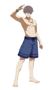  1boy absurdres black_clover black_clover_m:_rise_of_the_wizard_king blue_shorts bracelet brown_eyes brown_hair full_body gauche_adlai hair_over_one_eye highres incredibly_absurdres jewelry looking_at_viewer necklace non-web_source official_alternate_costume official_art short_hair shorts simple_background solo topless_male transparent_background 