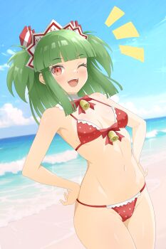  1girl absurdres beach beatmania_iidx beatmania_iidx_8th_style bell bemani bikini blunt_bangs breasts cowboy_shot dutch_angle green_hair hands_on_own_hips highres hishimiya_tsugaru horizon long_hair looking_at_viewer ocean polka_dot polka_dot_bikini red_bikini red_eyes small_breasts smile solo swimsuit teyori two_side_up upper_body waves 