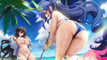  2girls ;d ass azur_lane bare_shoulders barefoot beach bikini black_hair blue_bikini blue_hair blush breasts butt_crack chela77 crossed_bangs day from_behind hair_between_eyes highres holding large_breasts long_hair long_sleeves looking_at_viewer looking_back multiple_girls navel new_jersey_(azur_lane) new_jersey_(midsummer_leisure)_(azur_lane) ocean off_shoulder official_alternate_costume one_eye_closed open_clothes open_mouth outdoors palm_tree parted_lips ponytail side_ponytail smile stomach swimsuit taihou_(azur_lane) taihou_(seaside_daydreams)_(azur_lane) thighs tree very_long_hair water wet white_bikini  rating:Sensitive score:33 user:danbooru