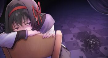  1girl absurdres against_chair akemi_homura akemi_homura_(magical_girl) black_hair checkered_floor commentary_request covered_mouth cube curtains dress hair_between_eyes hair_ribbon highres juudo_ni_seiheki_kojireta_madoka_suki long_sleeves looking_to_the_side mahou_shoujo_madoka_magica purple_eyes purple_theme red_ribbon ribbon solo white_dress 