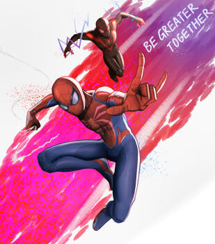  2boys \m/ absurdres animal_print arms_up black_bodysuit black_mask blue_bodysuit bodysuit clenched_hand collarbone commentary english_commentary english_text full_body gradient_background highres legs_up looking_at_viewer male_focus marvel marvel's_spider-man_2 mask multicolored_bodysuit multiple_boys outstretched_arm pectorals pink_background print_bodysuit purple_background red_background red_bodysuit red_mask red_trim silk silver_trim spider-man spider-man_(miles_morales) spider-man_(series) spider_print spider_web spider_web_print splatter_background superhero_costume toned toned_male two-tone_bodysuit white_background ylong 