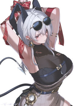 1girl armpits arms_up black_horns black_nails black_shirt bound bound_wrists breasts closed_mouth commentary curled_horns dress earrings eyewear_on_head fingernails grey_dress grey_hair grey_shorts hair_between_eyes hashtag-only_commentary highres horns huge_breasts jewelry long_hair looking_at_viewer meda mole mole_under_eye nail_polish official_alternate_costume red_eyes shirt shorts simple_background solo sunglasses sweatdrop sweater sweater_dress tail torn_clothes torn_dress white_background wuthering_waves zani_(downtown_repose)_(wuthering_waves) zani_(wuthering_waves) 
