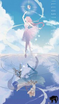 2girls absurdres arm_up arms_behind_head artist_name ballerina ballet_slippers bare_shoulders blue_sky bracelet brown_hair cardcaptor_sakura cheryl_qaq closed_eyes closed_mouth cloud crossover dancing day dress floating_clothes floating_hair full_body fur-trimmed_gloves fur_trim glittering_date_(shining_nikki) gloves green_eyes happy highres holding holding_staff jewelry kinomoto_sakura kinomoto_sakura_(astral_sakura) leg_ribbon long_hair looking_at_viewer magical_girl medium_dress multiple_girls nikki_(nikki) nikki_(series) open_mouth outdoors pink_dress pink_hair pointy_nose reflected_worlds reflection reflective_liquid ribbon ripples shining_nikki shoes short_hair sky sleeveless sleeveless_dress smile spaghetti_strap staff standing standing_on_liquid star_wand tiara tiptoes tutu very_long_hair watermark white_dress white_gloves white_ribbon white_shoes winged_wand