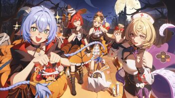  +_+ 1other 4girls absurdres alice_thymefield alternate_costume animal_ears ascot bandages bangboo_(zenless_zone_zero) bare_shoulders bare_tree bat_(animal) belt belted_skirt black_boots black_bow black_horns black_shirt black_skirt blonde_hair blood blood_on_clothes blue_hair blush boots bow braid breasts bucket candle candy chest_bow choker claw_pose commentary cross cross_choker detached_sleeves english_commentary eous_(zenless_zone_zero) eyeball food food-themed_hair_ornament frilled_sleeves frills ghost_costume goat_ears goat_girl goat_horns green_eyes hair_between_eyes hair_bow hair_intakes hair_ornament halloween halloween_bucket halloween_costume hat hat_bow heart heterochromia high-waist_skirt highres holding holding_bucket holding_hands hood horns komano_manato large_breasts long_hair looking_at_another looking_at_viewer low_twintails lucia_elowen mansion mole mole_under_mouth moon multiple_girls neck_ribbon night nurse_cap open_mouth orange_bow orange_eyes orange_socks outdoors pointy_ears pumpkin pumpkin_brooch pumpkin_hair_ornament purple_bow purple_eyes purple_ribbon rabbit_girl red_bow red_eyes red_hair red_ribbon ribbon ringed_eyes shadow shirt short_hair skirt skull_brooch sky socks sparkle sphere_hair_ornament sticker striped_clothes striped_socks stuffed_toy suction_cups teeth tentacle_girl tentacle_tail tentacles tombstone tree tujiu_sama twin_braids twintails ukinami_yuzuha upper_teeth_only white_ascot white_shirt witch_hat wrist_cuffs yidhari_murphy zenless_zone_zero 