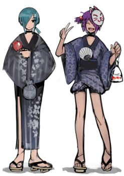  2n5 absurdres aqua_hair bag blue_kimono candy_apple closed_eyes closed_mouth fish fish_bag food full_body geta goldfish grey_kimono hair_ornament hair_over_one_eye hairpin hand_fan highres holding holding_bag holding_candy_apple holding_food japanese_clothes kimono original ponytail purple_hair short_hair short_ponytail simple_background smile v white_background 