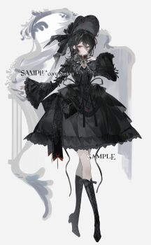  1girl absurdres back_bow black_boots black_bow black_bowtie black_dress black_hair black_hat black_ribbon boots bow bowtie brooch closed_mouth commission dress earrings frilled_dress frilled_sleeves frills frown full_body geshi12 gothic_lolita grey_background grey_eyes hair_between_eyes hand_on_own_chest hand_up hat hat_ribbon highres jewelry knee_boots lace-up_boots lolita_fashion long_sleeves looking_at_viewer medium_hair mihuashi_commission original outstretched_arm ribbon sample_watermark sleeve_bow solo standing watermark wide_sleeves 